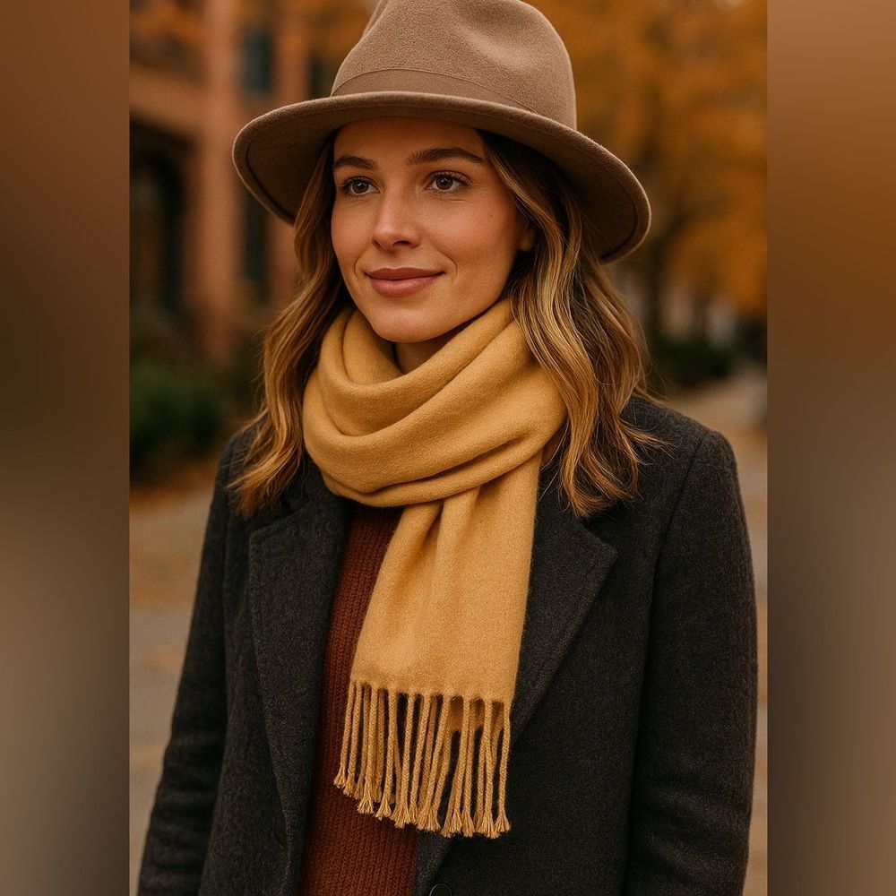 D&Y Camel Beige Soft Cashmere Feel Fringe Scarf 67” Cozy Winter Wrap